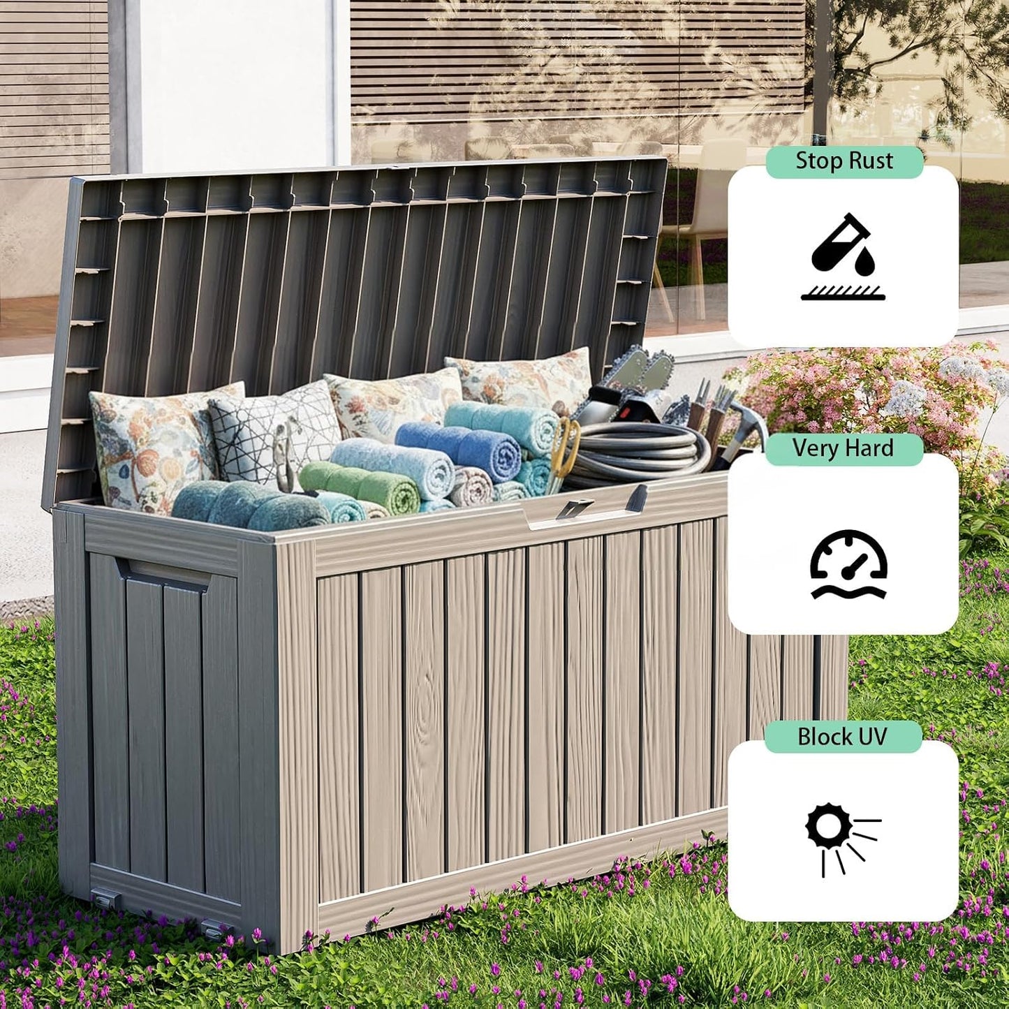 125Gal Outdoor Storage Box, Lockable Deck Box with Hydraulic Lid | Waterproof UV-resistant, Durable outdoor bin for patio cushions, pool accessories & garden tools. Keeps contents secure & dry
