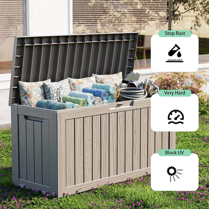125Gal Outdoor Storage Box, Lockable Deck Box with Hydraulic Lid | Waterproof UV-resistant, Durable outdoor bin for patio cushions, pool accessories & garden tools. Keeps contents secure & dry
