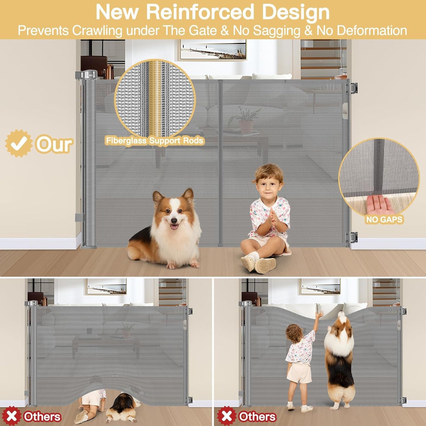 Newly Enhanced - 42" Tall × 120" Extra Wide Retractable Baby Gate Keeps Pets from Getting Under Tall Dog Gate, Indoor/Outdoor Baby Gates for Dogs, Retractable Dog Gate for Large Openings, White