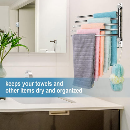 5-Arm Swivel Towel Rack - 180° Rotating Wall Mounted, 304 Stainless Steel Rustproof, Heavy Duty Bathroom Accessories, Space Saving Towel Organizer for Bathroom Kitchen Laundry - Pearl White