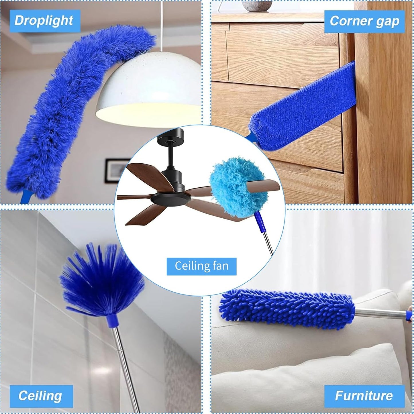 Duster with Extension Pole - Blue | 5-in-1 Kit Dusters for Cleaning, Extendable Duster with 100 Inches, Microfiber Dusters for Ceiling Fans, Furniture, Blinds