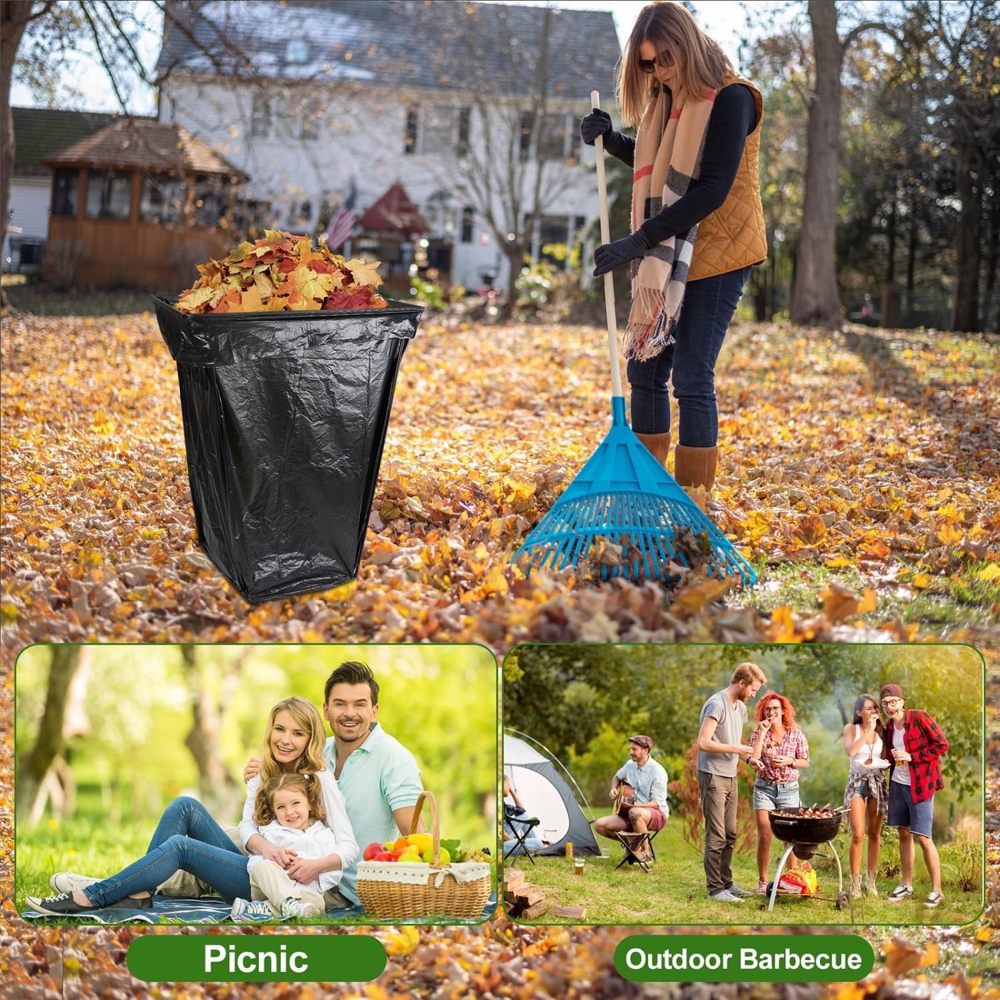 Trash Bag Holder Stand, Outdoor Garden Garbage Bag Holder Holds 30-45 Gallon Bags, Metal Leaf Bag Holder Stand with 4 Fixing Clips and 2 Garbage Bags, For Outdoor Yard Camping Garden Lawn