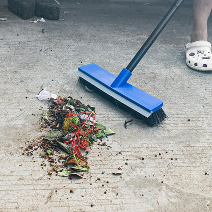 16 Inch 2-in-1 Squeegee Push Broom Outdoor Deck Brush 58" Long Handle for Patio Garage Warehouse Driveway Concrete Floor Cleaning Scrubbing(Blue)