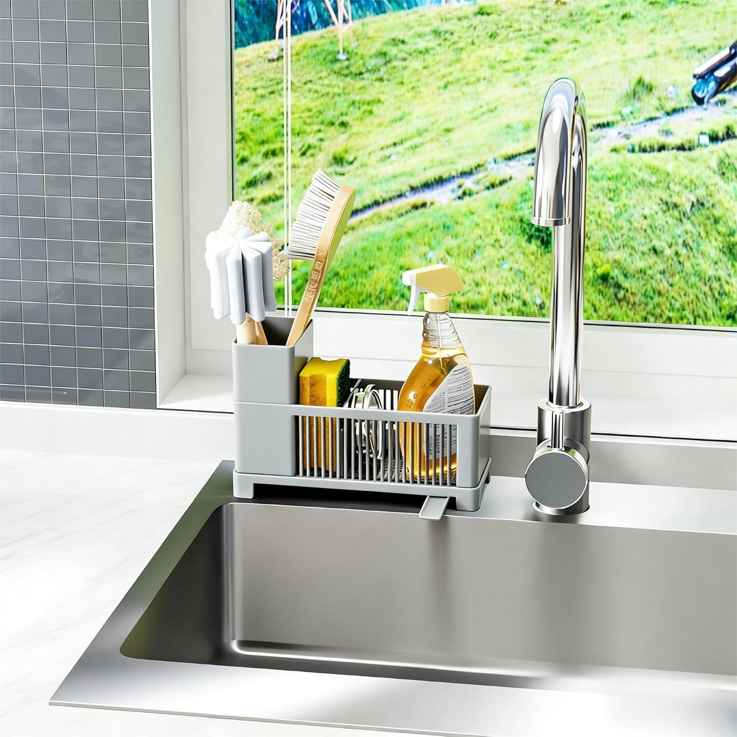 Sink Caddy & Kitchen Sink Organizer,Black Sponge Holder with High Scrub Brush Holder,Plastic Kitchen Countertop Organizer,Multifunctional Sponge Drain Rack,Dish Soap,Dish Sponge Holder,Soap Dispenser