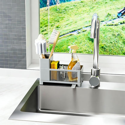 Sink Caddy & Kitchen Sink Organizer,Black Sponge Holder with High Scrub Brush Holder,Plastic Kitchen Countertop Organizer,Multifunctional Sponge Drain Rack,Dish Soap,Dish Sponge Holder,Soap Dispenser