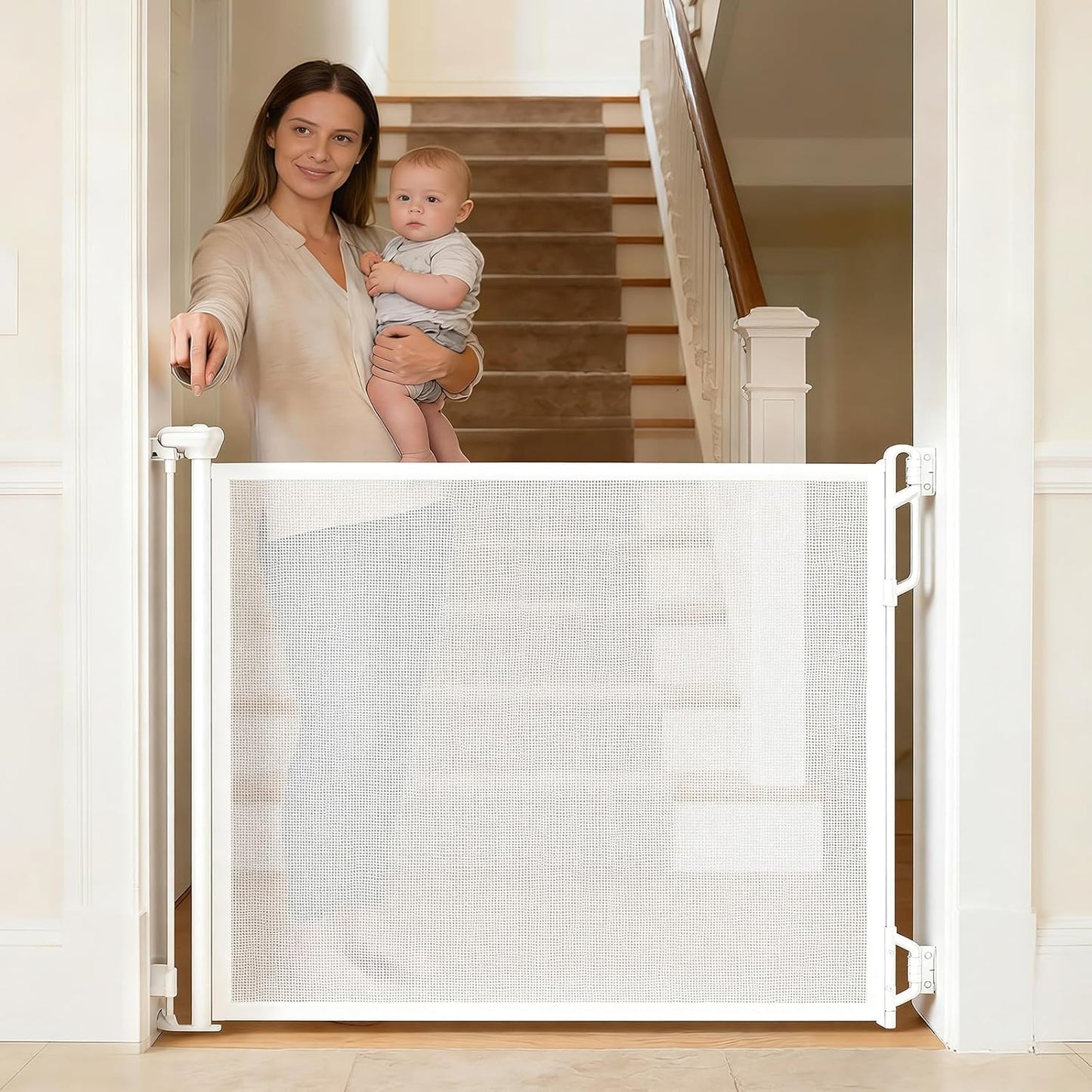 SPACEANY Retractable Safety Baby Gate or Mesh Dog Gate,Durable Portable Mesh Retractable Gate,Easy to Use for Stairs, Doorways, Hallways, Indoor, Outdoor, 33.5" Tall, Up to 45" Wide, Cream