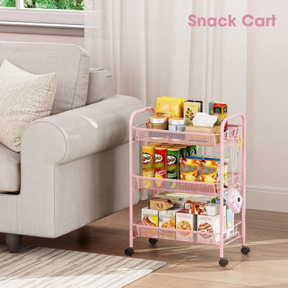 TOOLF 3-Tier Metal Rolling Cart, Mesh Wire Easy Assemble Utility Cart, Storage Trolley on Wheels with 3 Hooks, MetalStorage Shelving Units for Kitchen Bathroom Laundry Room