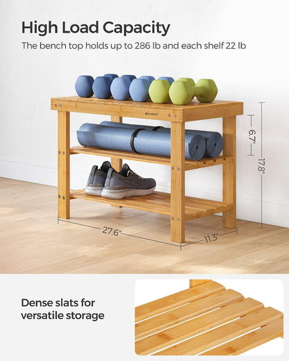SONGMICS Shoe Rack Bench, 3-Tier Bamboo Shoe Storage Organizer, Entryway Bench, Holds Up to 286 lb, 11.3 x 27.6 x 17.8 Inches, for Entryway Bathroom Bedroom, Ink Black ULBS04H