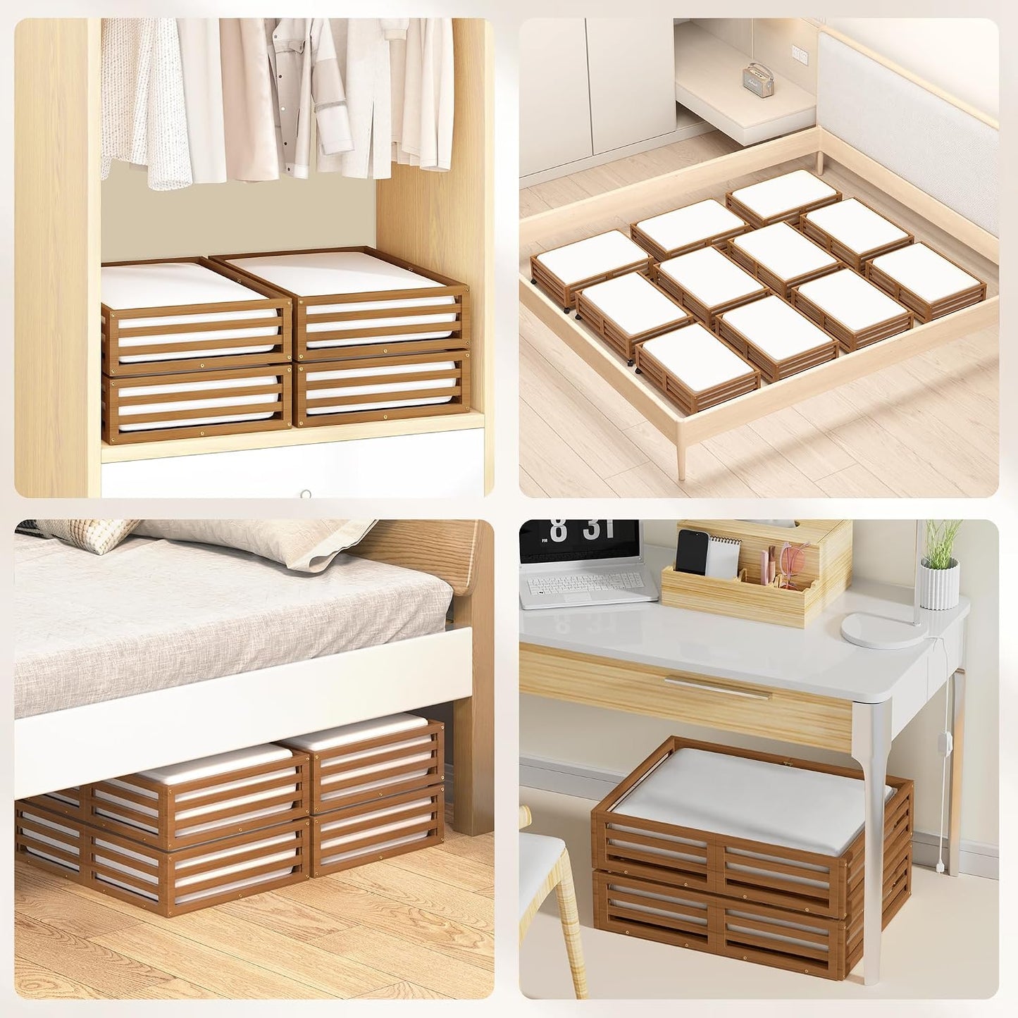 Bamboo Under Bed Storage Containers- Underbed Organizer with Wheels with Large Capacity Dust Bag,Sturdy Wood Rolling Under Bed Shoe Storage Organizer 2 Packs (Nature, 2 Packs (23.62"×16.54"))