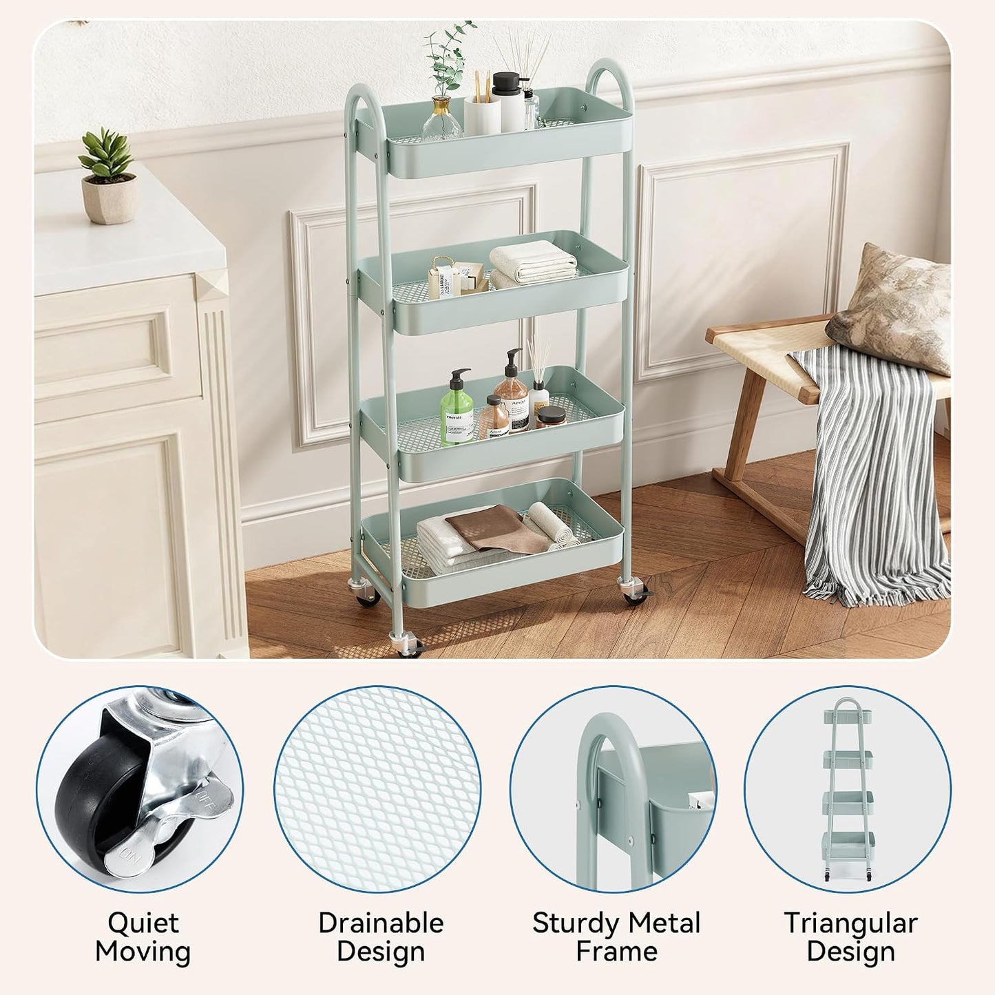 NEWBULIG 3-Tier Rolling Storage Cart, Metal Mobile Utility Organizer Shelf with Lockable Wheels, Space-Saving Freestanding Storage for Bathroom Living Room and Narrow Corner Spaces, Green