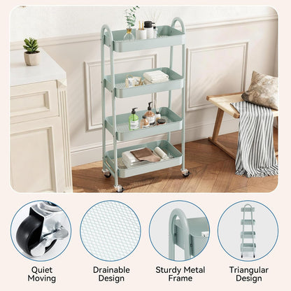 NEWBULIG 3-Tier Rolling Storage Cart, Metal Mobile Utility Organizer Shelf with Lockable Wheels, Space-Saving Freestanding Storage for Bathroom Living Room and Narrow Corner Spaces, Green