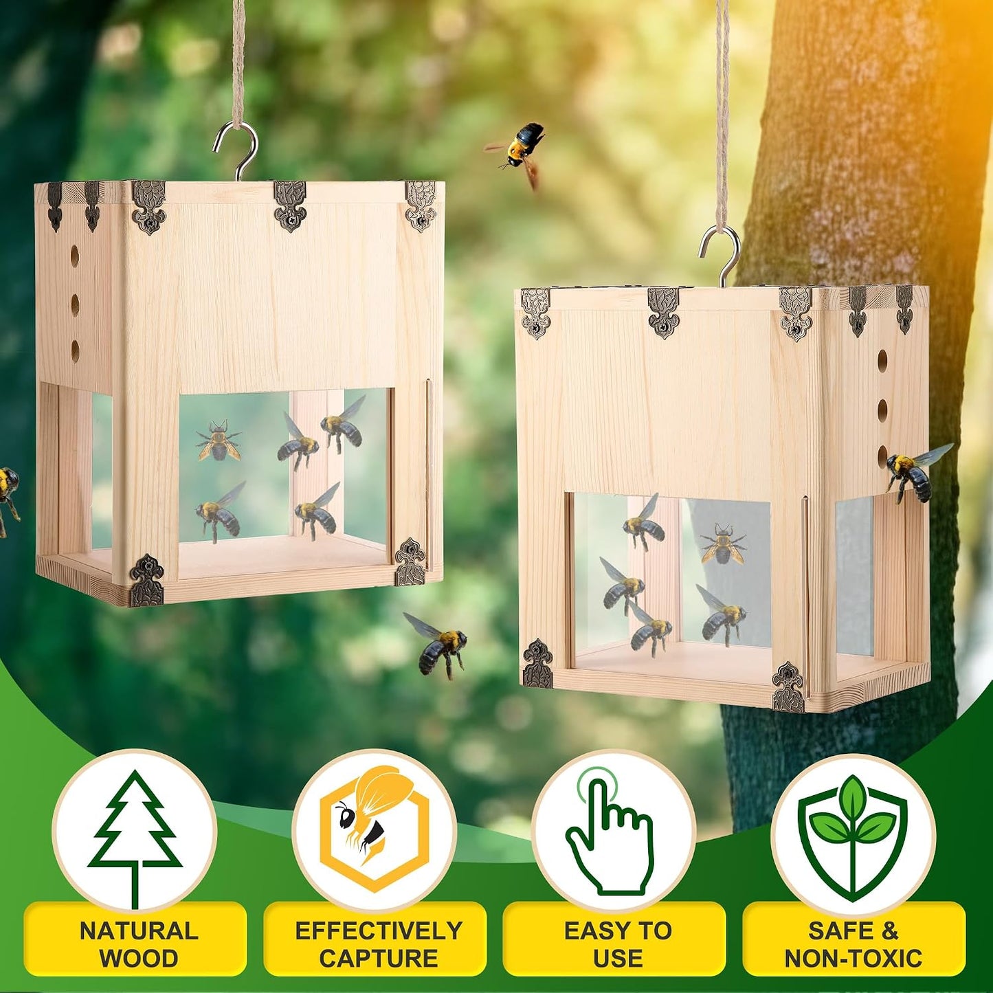 1 Pack Extra Large Carpenter Bee Trap for Outside, 2 in 1 Catch & Release Wood Bee Traps Outdoor Hanging, Timber-Fixed Expanded External Containment, Defender Trap for Bees Collection
