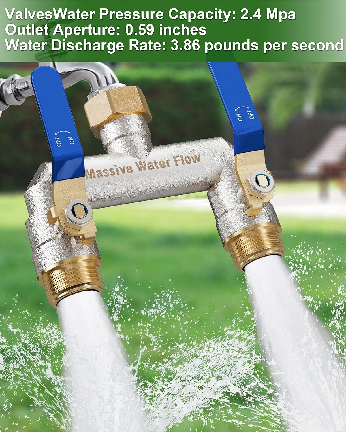 Hose Splitter 2 Way Heavy Duty, Garden Hose Splitter with 304 Stainless Steel Long Handle, Full Flow Brass Nickel Plated Water Hose T Spigot Splitter Adapter Connector, 3/4 - Inch GHT Thread (Blue)
