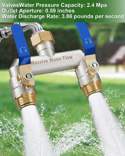 Hose Splitter 2 Way Heavy Duty, Garden Hose Splitter with 304 Stainless Steel Long Handle, Full Flow Brass Nickel Plated Water Hose T Spigot Splitter Adapter Connector, 3/4 - Inch GHT Thread (Blue)