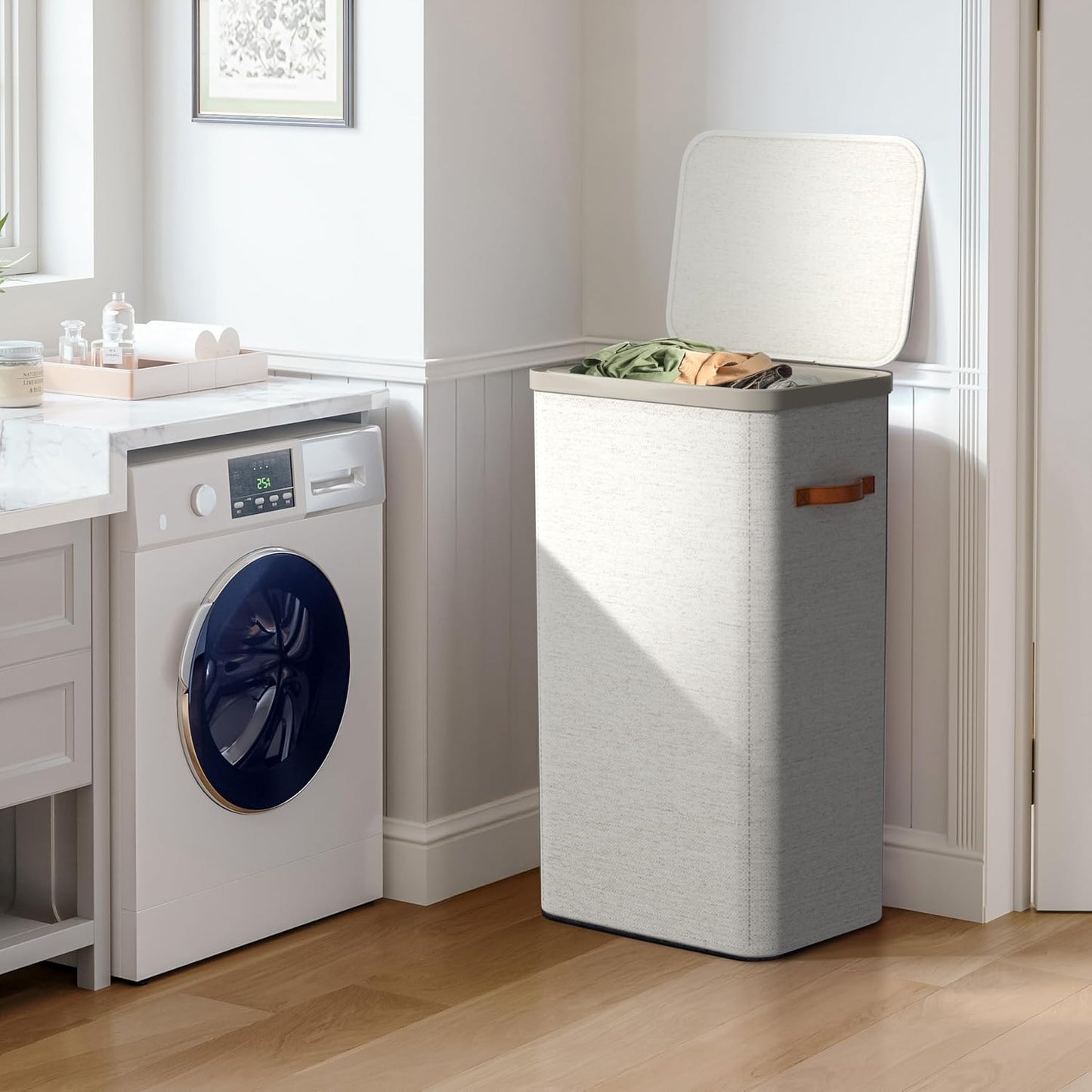 Sorbus Laundry Hamper with Lid - Collapsible 3-Compartment Fabric Laundry Basket with Handles and Removable Laundry Bag – 50 Gallon (190 L) Dirty Clothes Hamper for Bedroom, bathroom and dorm (Beige)