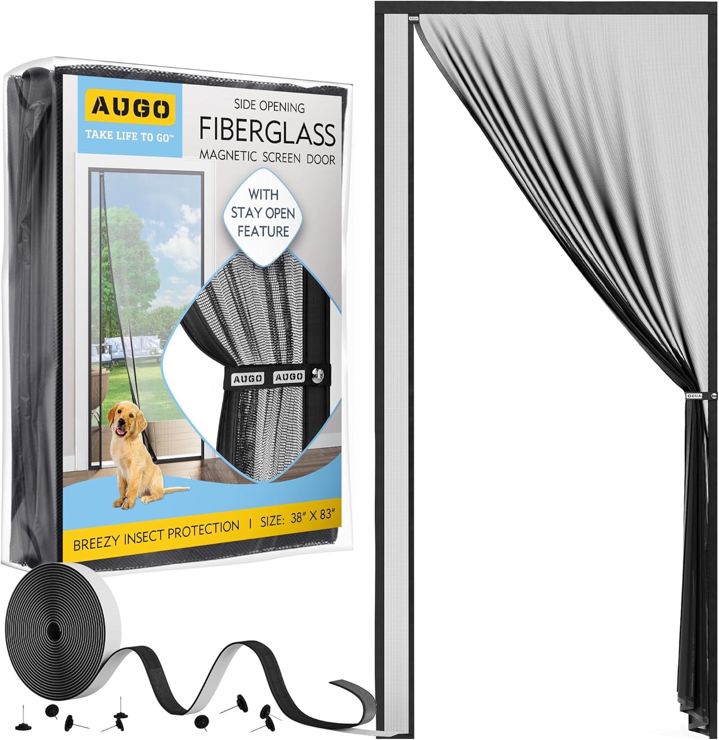 AUGO Heavy Duty Magnetic Screen Door – Fiberglass Pet Resistant Mesh, Self Sealing Hands Free Magnetic Closure, Tear Resistant Door Screen Keeps Bugs Out, Patent Pending Keep Open Feature – 38” x 83”