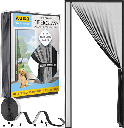 AUGO Heavy Duty Magnetic Screen Door – Fiberglass Pet Resistant Mesh, Self Sealing Hands Free Magnetic Closure, Tear Resistant Door Screen Keeps Bugs Out, Patent Pending Keep Open Feature – 38” x 83”