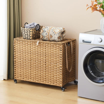 Laundry Hamper with Wheels, 34.3 Gallon(130L) Rolling Laundry Basket with Lid, 3-Section Rattan Clothes Hamper with 3 Removable Liner & 3 Mesh Bags, Laundry Sorter with Side Pocket, Brown