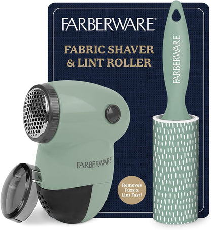 Farberware Fabric Shaver & Lint Remover Set–Battery Operated Sweater Shaver with Triple Blades and Extra Sticky Roller for Pet Hair, Fuzz & Pilling on Clothes, Upholstery & Bedding (Gray/Blue, Small)