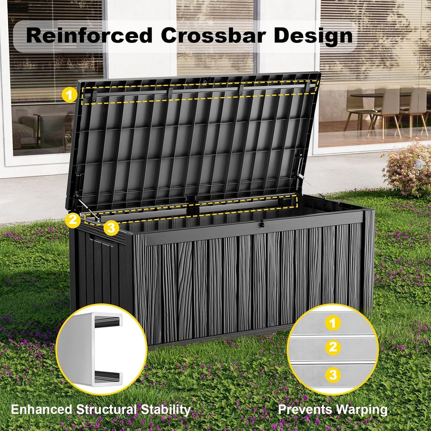 320 Gallon Waterproof Outdoor Storage Box, UV Resistant Resin Deck Box with Hydraulic Rod for Reinforced Stability, Perfect for Patio, Garden, and Pool（Black，320 Gallon）