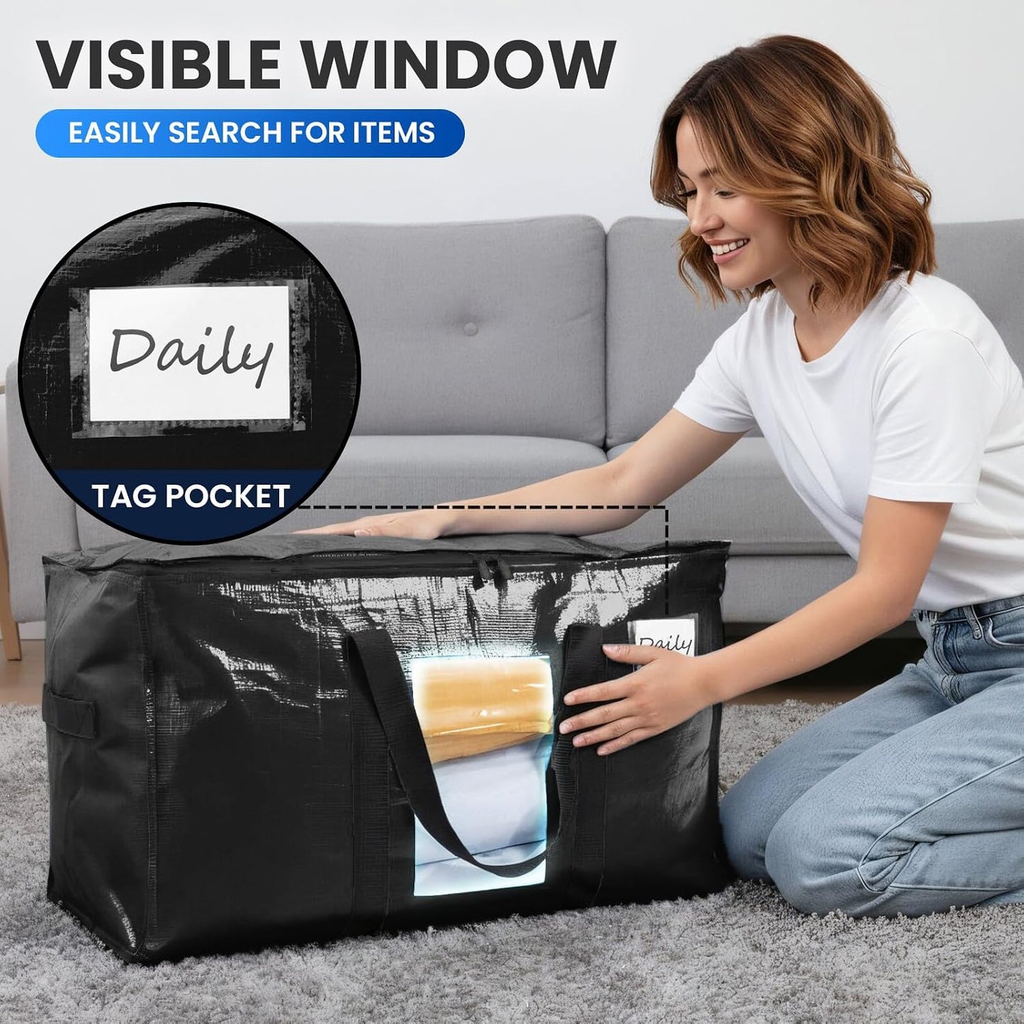 TAILI Extra Large Moving Bags, 4 Pack Blue Heavy Duty Totes For Storage with Visible Window, Wrap Around Handles, Storage Bags for Space Saving, Alternative to Moving Boxes