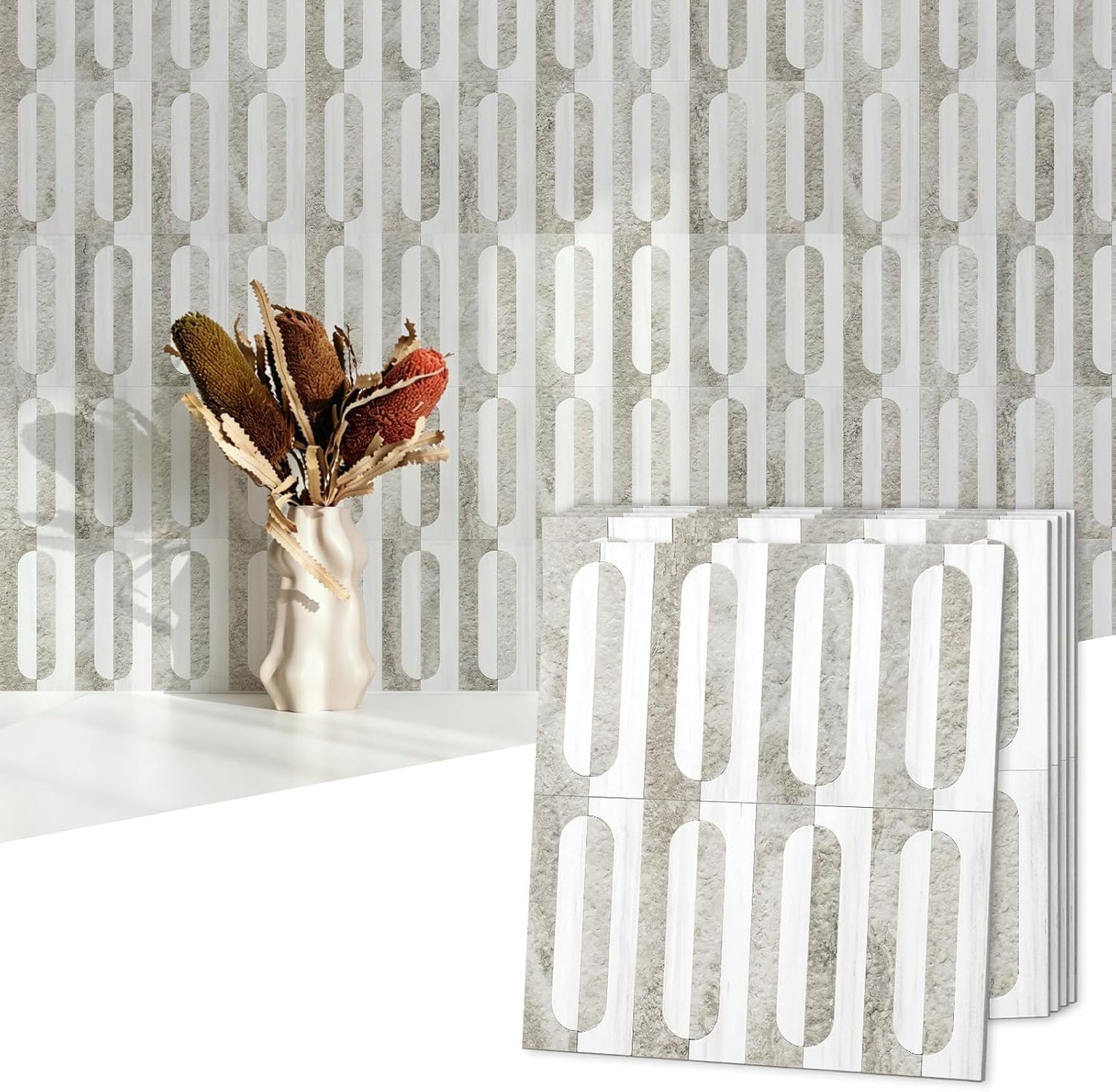 STICKGOO Peel and Stick Backsplash Tiles 12"x12", Waterproof Stick on Kitchen & Bathroom Backsplash, PVC Self Adhesive Wall Tiles for Fireplace, White/Marble Black (10 Sheets)