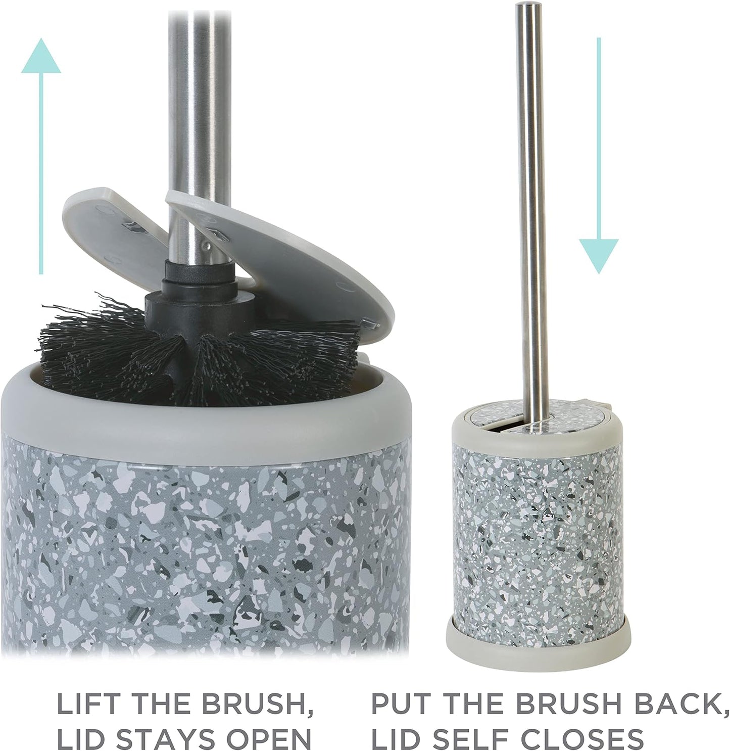 Bath Bliss Toilet Brush and Holder | Self Closing Lid | 360 Degree Brush Head | Bathroom Cleaning | Compact Size | Storage and Organization | Stainless Steel