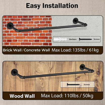 Wall Mounted Clothes Rack 38.4in, Industrial Pipe Wall Mount Clothing Rack, Heavy Duty Iron Garment Racks, Space Saver Multi-purpose Hanging Rod for Laundry Room, Closet Storage, 1 Pack