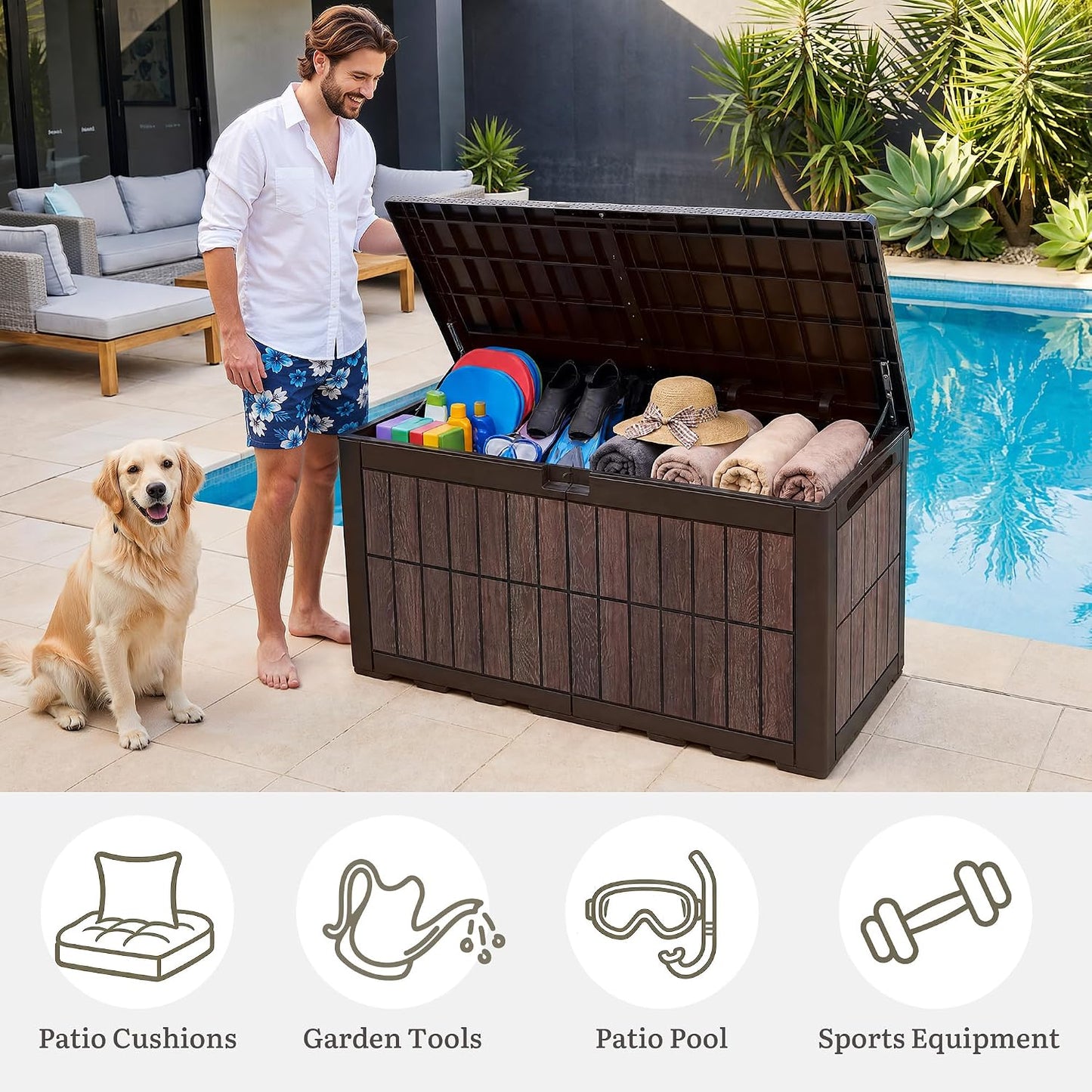 YITAHOME 134 Gallon Large Deck Box | Waterproof Resin Outdoor Storage Box with Lock, Doubles as 2-Person Bench Seating for Patio Furniture Cushions,Garden Tools &