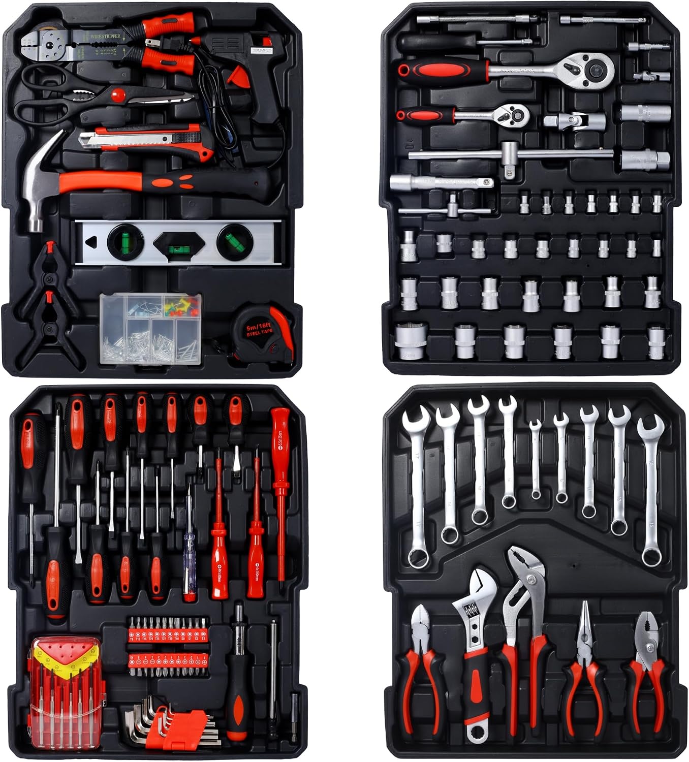 899pcs Home Repair Tool Set Kit for Men, Toolbox Storage Case with 4 Drawers, General Household Tool Kit with Rolling Tool Box, Tool Set Kit for Maintenance, Garden, Homeowner, Handyman,Silver Case