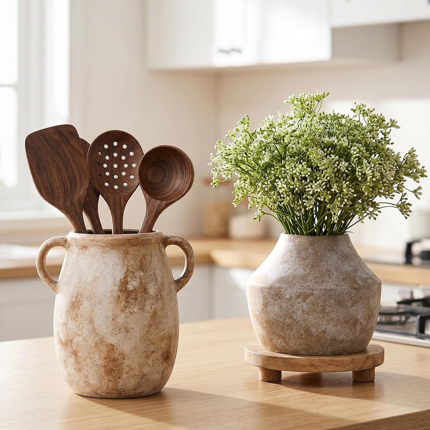 CUCUMI Ceramic Vase Set of 5, Home Decor Farmhouse Décor Handmade Pottery Vases for Pampas Grass, Dried Fresh Flowers, Table, Living Room, Kitchen, Shelf, Entryway Mantel Neutral Tones