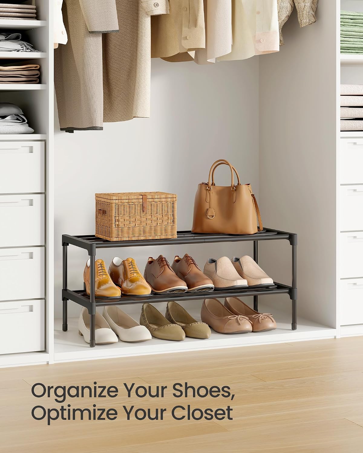 SONGMICS 2-Tier Shoe Rack for Closet, Compact Metal Shoe Organizer Shelf for Entryway, Bedroom, Small Spaces, Stackable, 11.8 x 24.5 x 12.2 Inches, Black ULSA122BH01