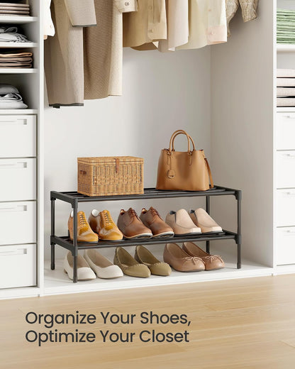 SONGMICS 2-Tier Shoe Rack for Closet, Compact Metal Shoe Organizer Shelf for Entryway, Bedroom, Small Spaces, Stackable, 11.8 x 24.5 x 12.2 Inches, Black ULSA122BH01