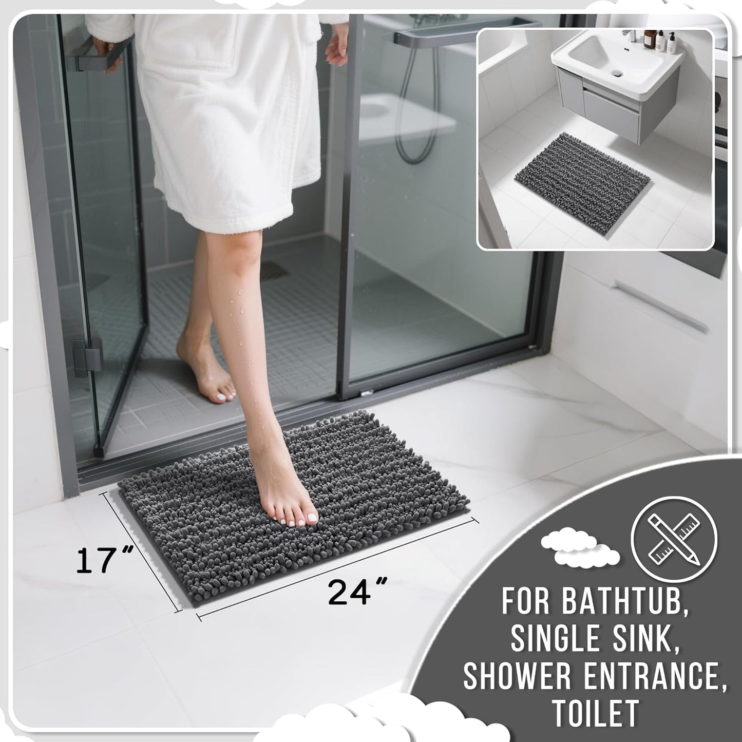 Yimobra Bathroom Rugs Non Slip Washable - Ultra Soft Absorbent Chenille Bath Mat, Quick Dry Shaggy Floor Carpet for Tub Shower, Gray Home Decor Accessories, 24x17 Inch