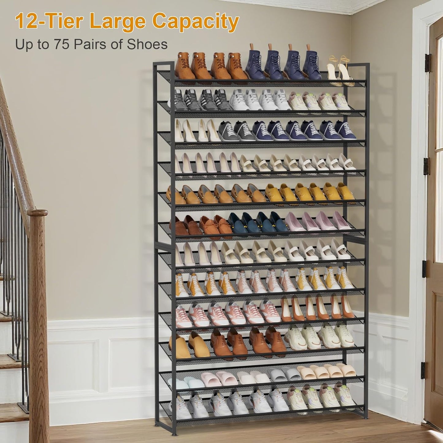 Large Shoe Rack 8 Tier Shoe Organizer, Heavy Duty Metal 4-Tier Stackable Shoe Storage Vertical Shoe Rack for Closet Front Door Entrance, Up to 50 Pairs, 44.8" W x 11.4" D x 56.7" H, Black