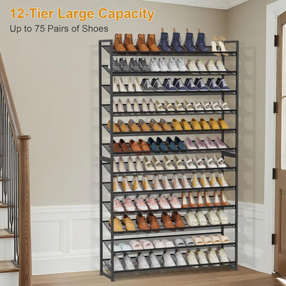 Large Shoe Rack 8 Tier Shoe Organizer, Heavy Duty Metal 4-Tier Stackable Shoe Storage Vertical Shoe Rack for Closet Front Door Entrance, Up to 50 Pairs, 44.8" W x 11.4" D x 56.7" H, Black
