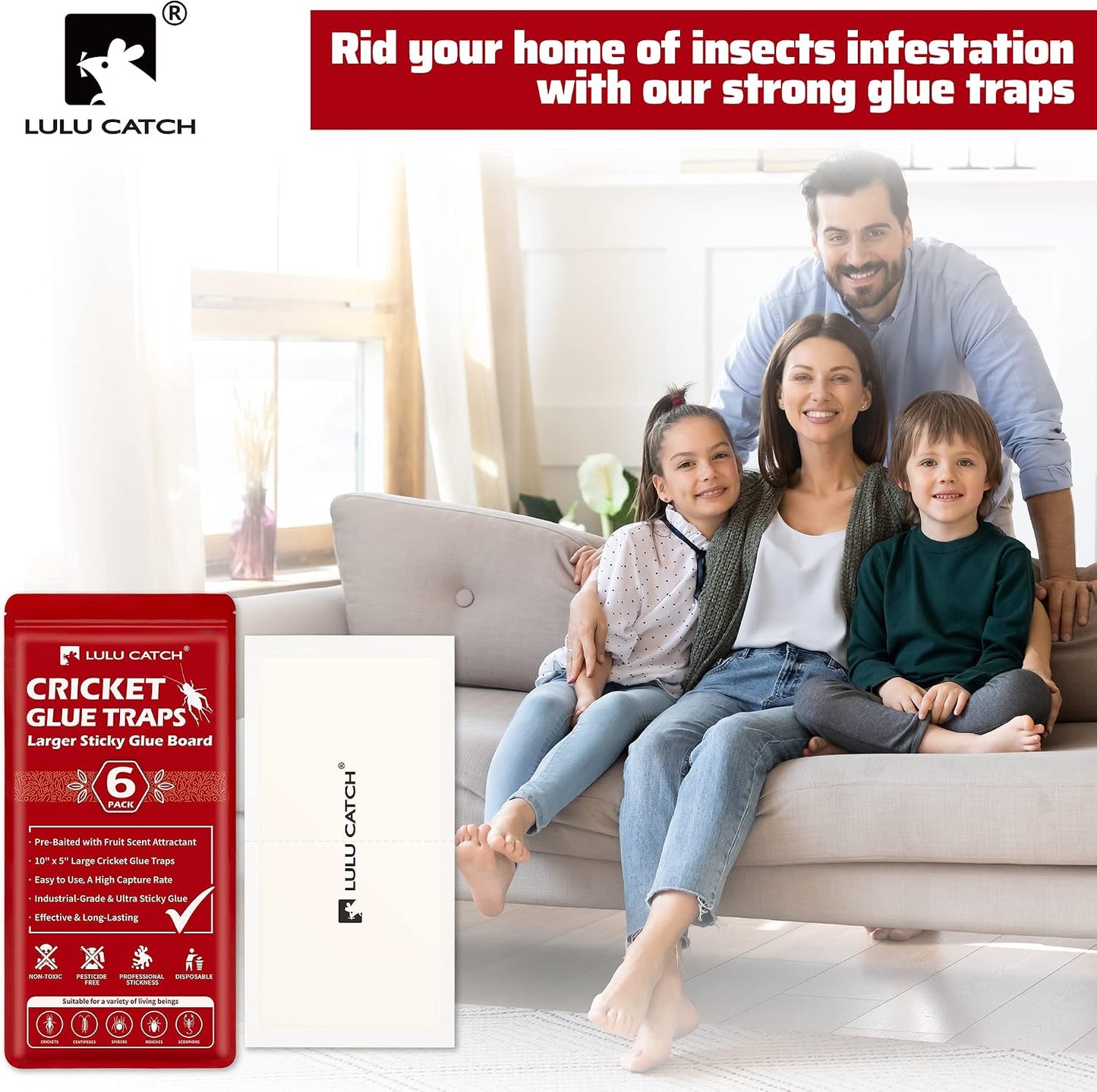 LULUCATCH Cricket Insect Glue Traps - 6 Pack Bug Cockroach Sticky Traps, Large Spider Trap with Pre-Baited Attractant, Highly Effective Glue Boards Indoor, Non-Toxic Pet Safe, Easy to Use