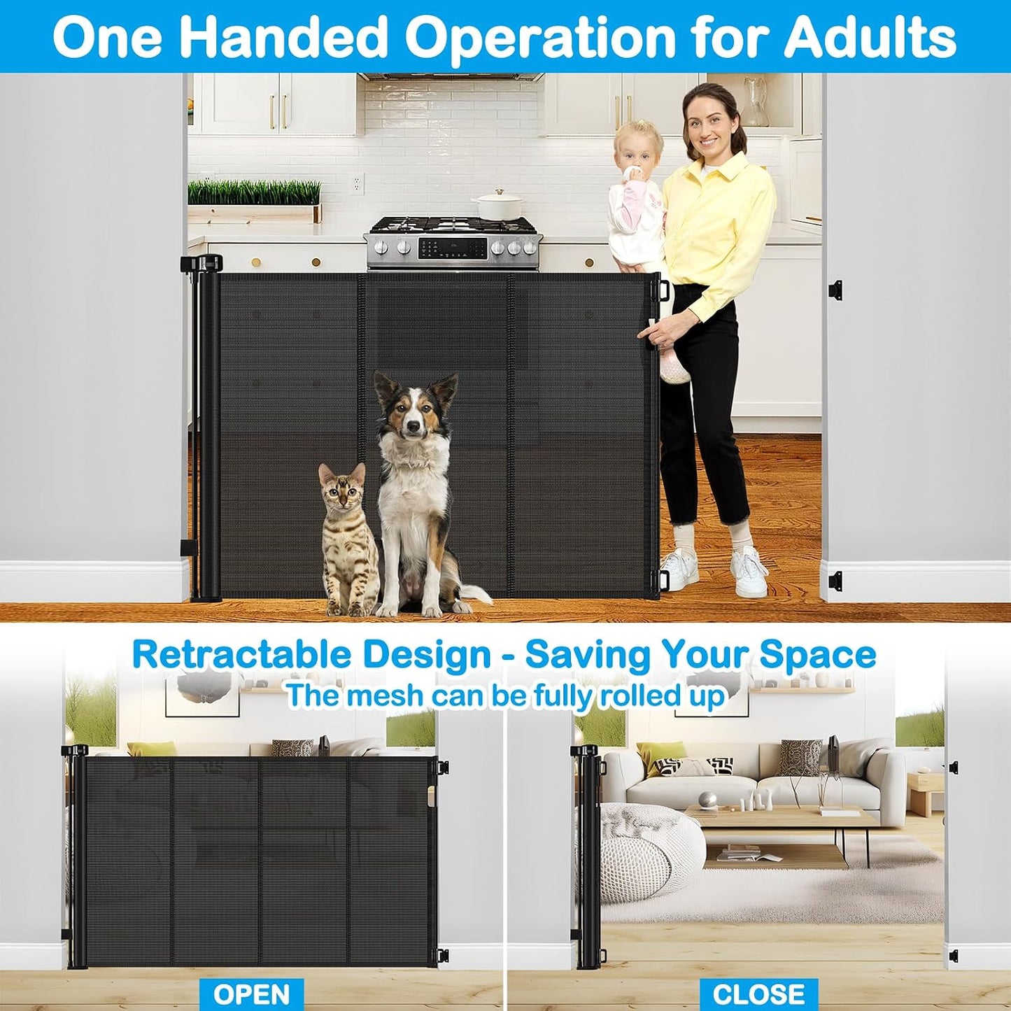 42 Inch Extra Tall Retractable Baby Gates with Reinforced Strips 55 Inch Wide Outdoor Retractable Dog Gate No Sag Extra Tall Baby Gate for Doorway Anti-Scratch Mesh Gates for Kids or Pets, White