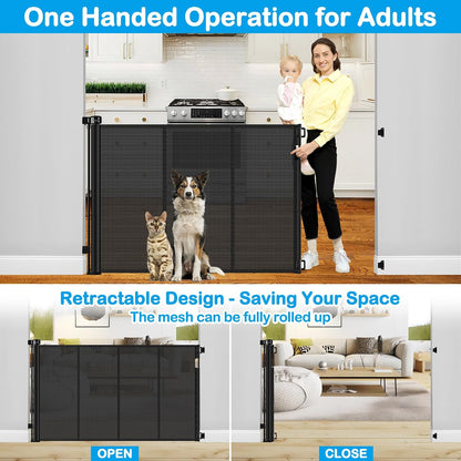 42 Inch Extra Tall Retractable Baby Gates with Reinforced Strips 55 Inch Wide Outdoor Retractable Dog Gate No Sag Extra Tall Baby Gate for Doorway Anti-Scratch Mesh Gates for Kids or Pets, White