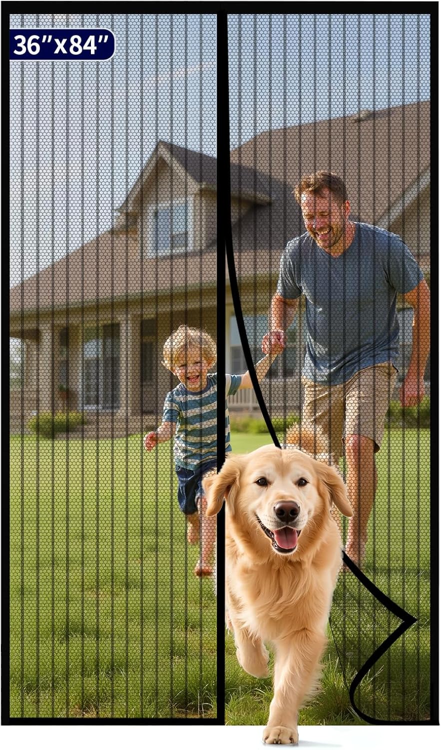Kitsure Magnetic Screen Door - 38.0 x 82.0 in Retractable Screen Door Mesh for Front Door or Sliding Door, Pet & Kid Friendly, Hands-Free Closure Keeps Bugs Out & Lets Breeze in, Stripe Black