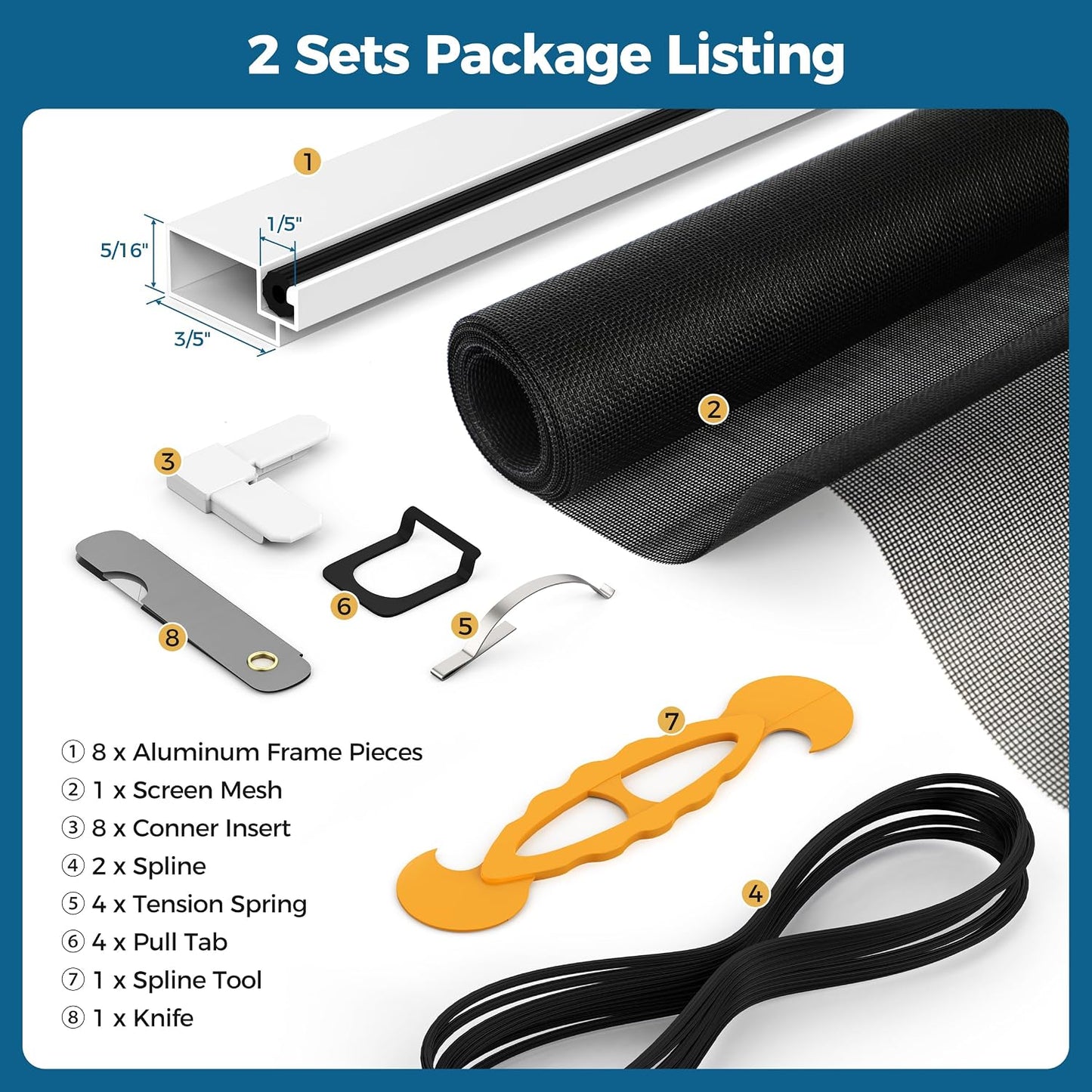 Augblinds 2 Sets Window Screen Frame Kit, 5/16 in x 3/5 in x 46 Inch, Makes Two Complete Screen 46" x 46" or Smaller, Includes Premium Screen Mesh, 8 Heavy Duty Corners & Durable Spline, White
