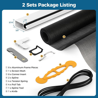 Augblinds 2 Sets Window Screen Frame Kit, 5/16 in x 3/5 in x 46 Inch, Makes Two Complete Screen 46" x 46" or Smaller, Includes Premium Screen Mesh, 8 Heavy Duty Corners & Durable Spline, White