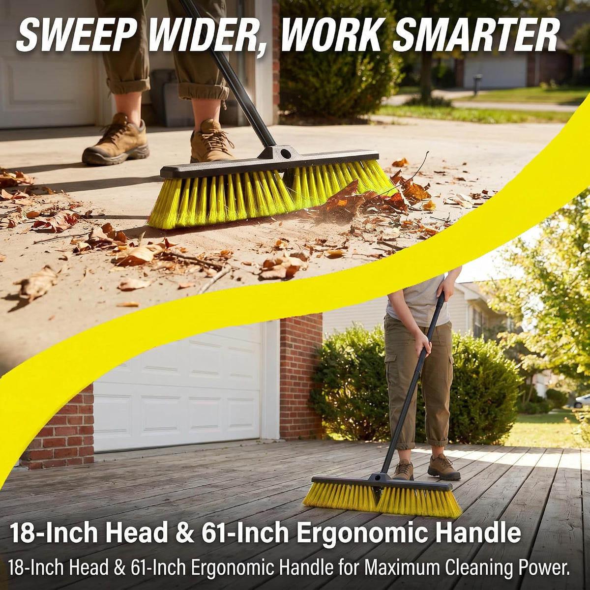 18" Heavy Duty Push Broom - 61" Adjustable 4-Section Metal Handle Stiff Flagged Hard Bristles Indoor Outdoor Floor Broom for Garage Patio Concrete Deck Shop Warehouse (Yellow, 18inches Wide)