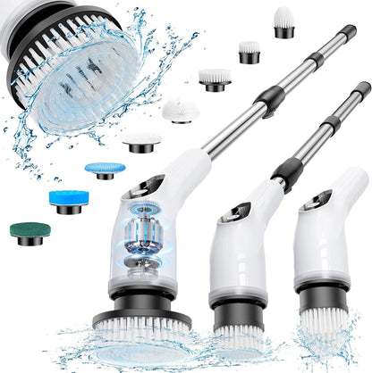 Electric Spin Scrubber, Cordless Cleaning Brush with 8 Replaceable Heads, Five-Speed Power Scrubber with Adjustable Handle for Bathroom, Tub, Floor, Tile & Car – Clean Without Bending