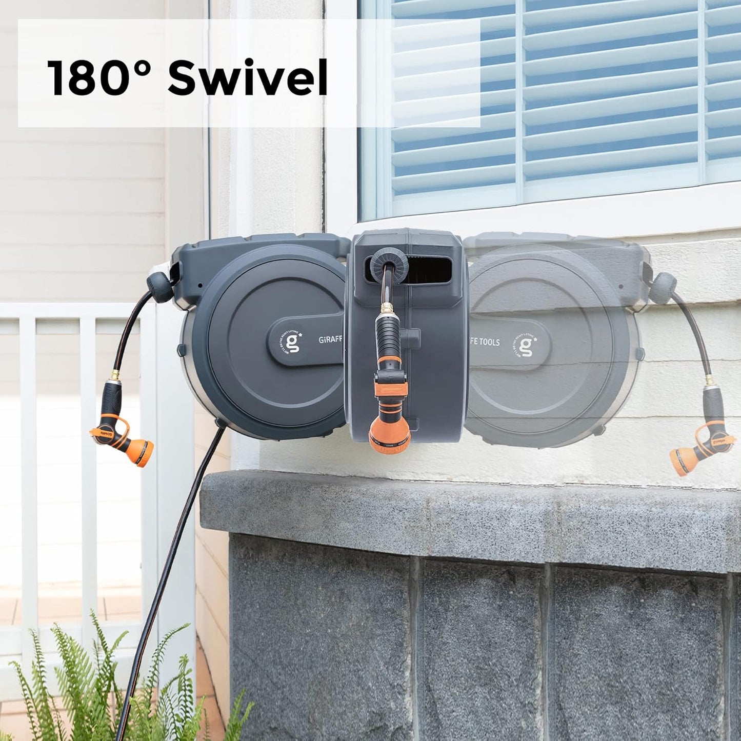 Giraffe Tools Retractable Garden Hose Reel 1/2 Inch x 100 ft, Super Heavy Duty, Any Length Lock, Slow Return System, Wall Mounted and 180 Deg Swivel Metal Bracket