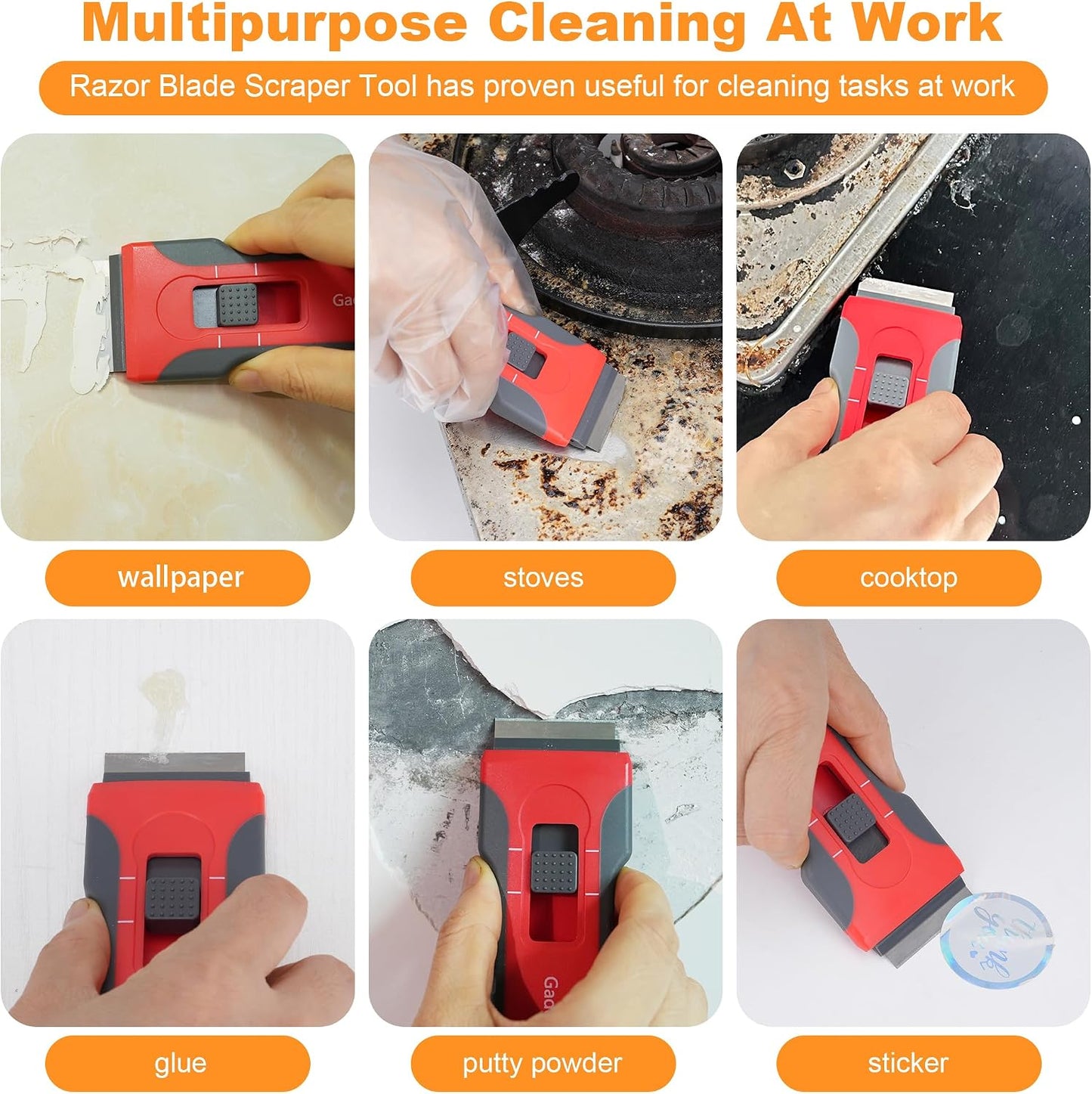 Razor Blade Scraper with 2 Pcs Plastic Scraper, Scraper Tool for Cooktop, Oven, Stove, Labels Decal, Plastic Blades for Clean Glass Window, Scraper Buit-In Blade torage, Upgraded Lock Mechanism,Gray