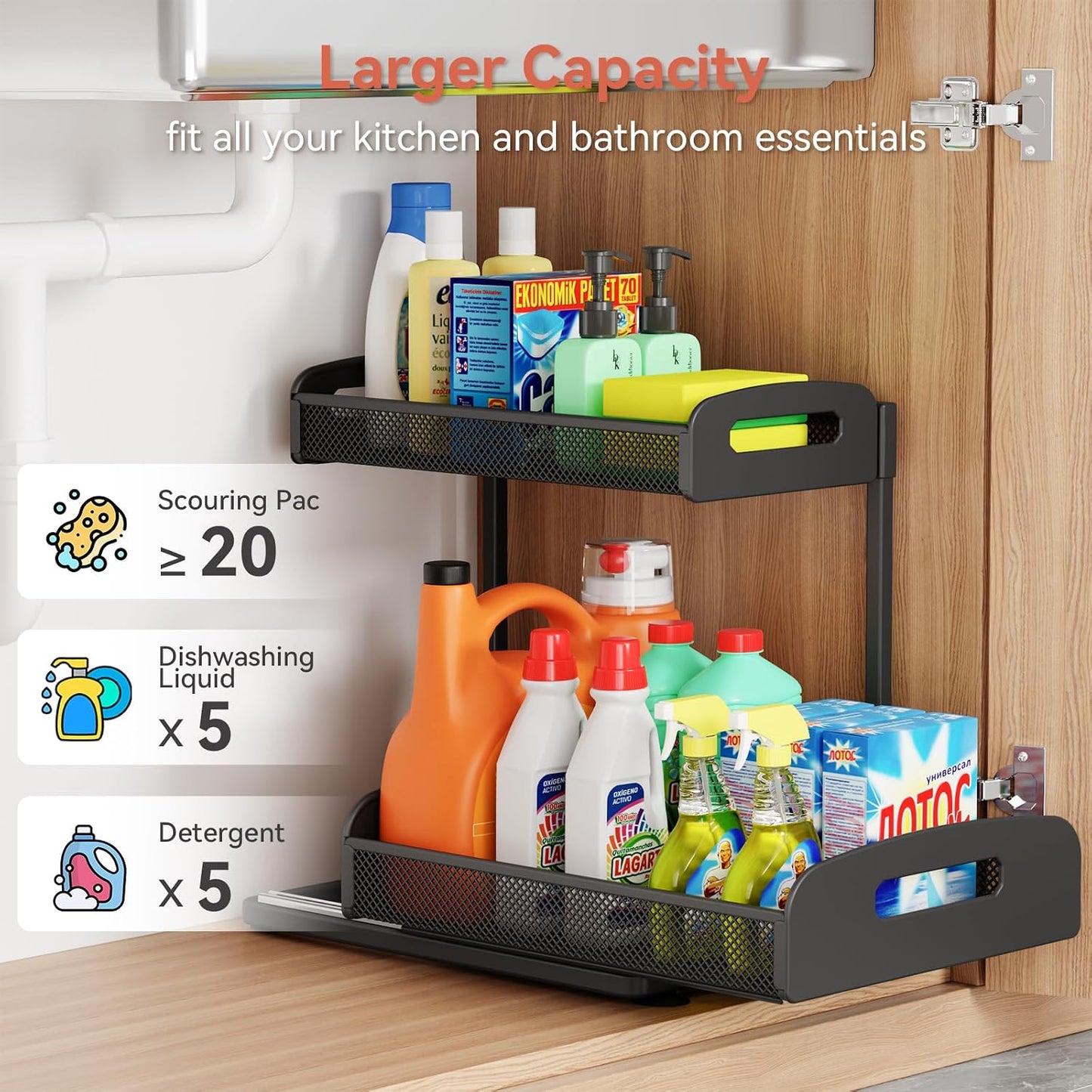 YASONIC 2 Pack Under Sink Organizer, 2 Tier Height Adjustable Kitchen Cabinet Organizer, Pull Out Metal Cabinet Shelf Organizer, Under the Sink Organizers and Storage for Kitchen & Bathroom, Black