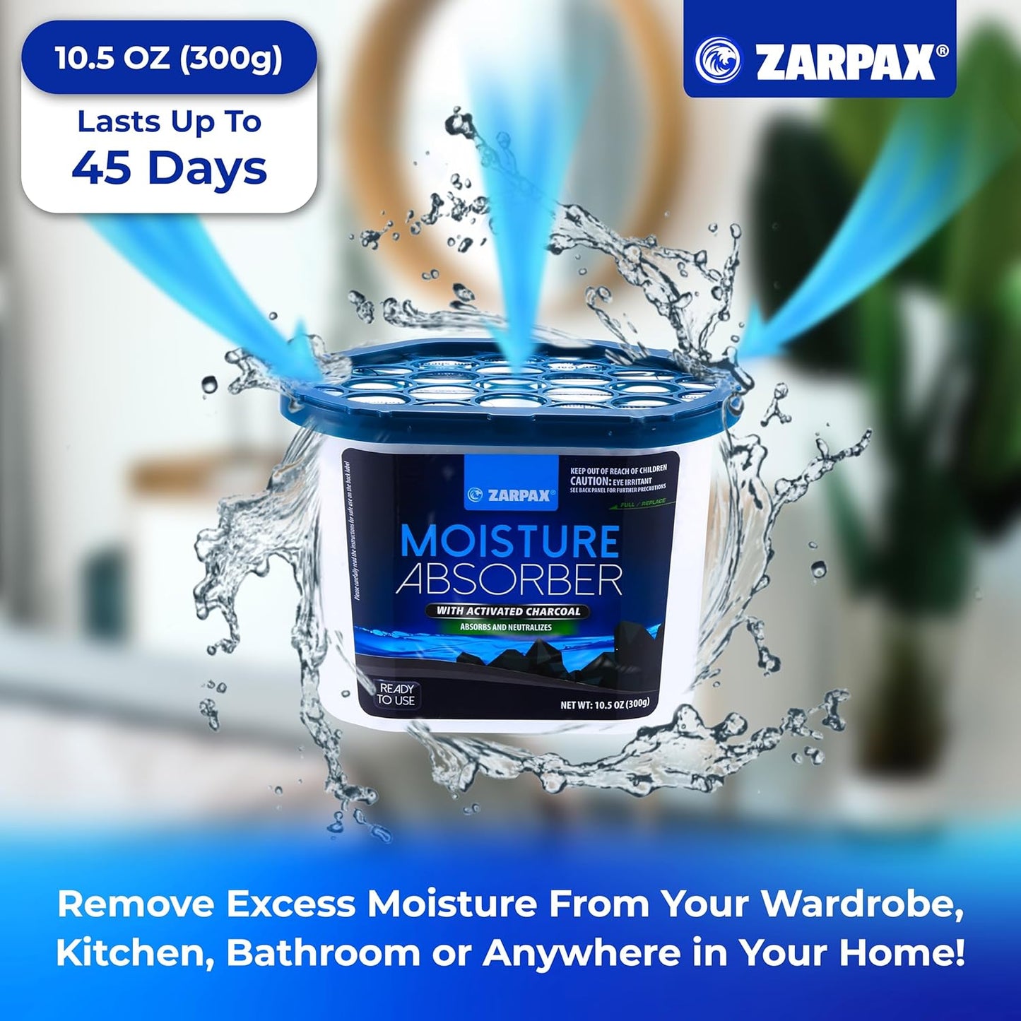 ZARPAX Moisture Absorber Activated Charcoal 10.5 oz/300g | Removes Moisture, Damp, Humidity & Odors | Odor Absorber | Moisture Trap for Bathroom, Closet, Kitchen & Small Spaces | Set of 4