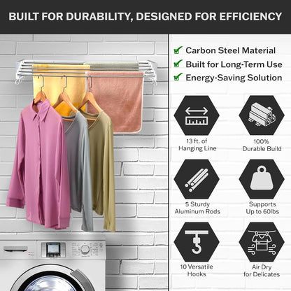 Foldable Wall Mounted Drying Rack - 31.5” Wide, 13.2 Ft Drying Space, 5 Aluminum Rods, Supports Up to 60 lbs - Retractable & Foldable Space-Saving Wall Mounted Clothes Drying Rack (Black)
