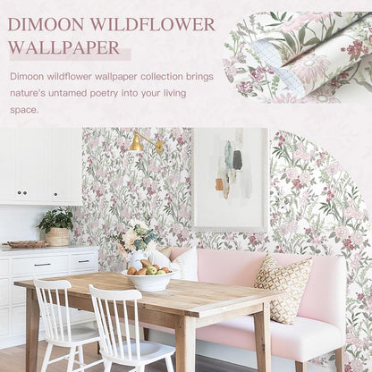 Dimoon 17.3" X 78.7" Peel and Stick Wallpaper Floral Contact Paper Boho Beige White Renter Friendly Natural Wall Paper Waterproof Removable Self Adhesive Wallpaper for Bedroom Livingroom Vinyl Roll